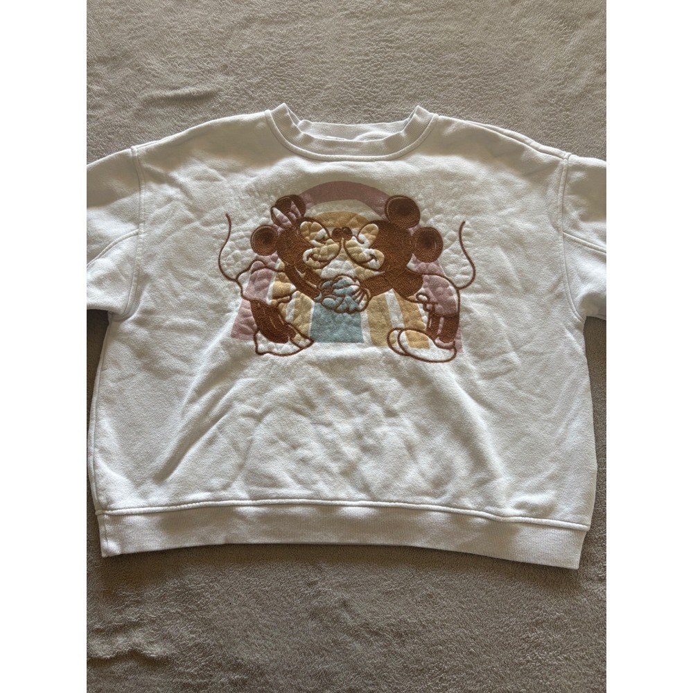 Disney Mickey Mouse Rainbow Embroidered White Graphic Sweatshirt Women's‎
